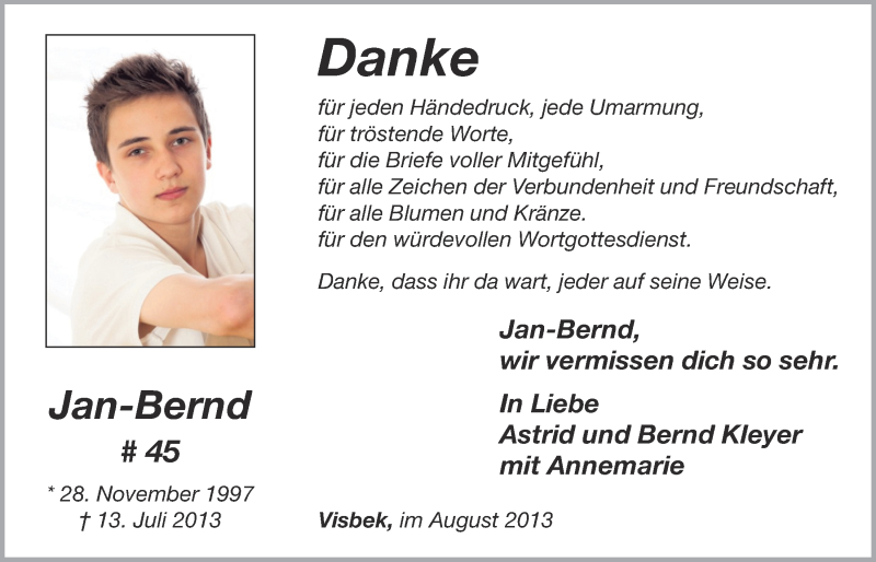  Traueranzeige für Jan-Bernd Kleyer vom 24.08.2013 aus OM-Medien